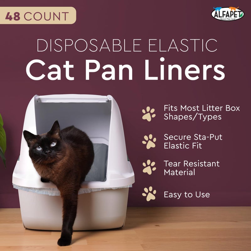 Alfapet Kitty Cat Litter box Disposable, Elastic Liners- 48-count-For Medium and Large, Size Litter Pans- With Sta-Put Technology for Firm, Easy Fit- Quick + Clever Waste Cleaners 4 pack - Image 2